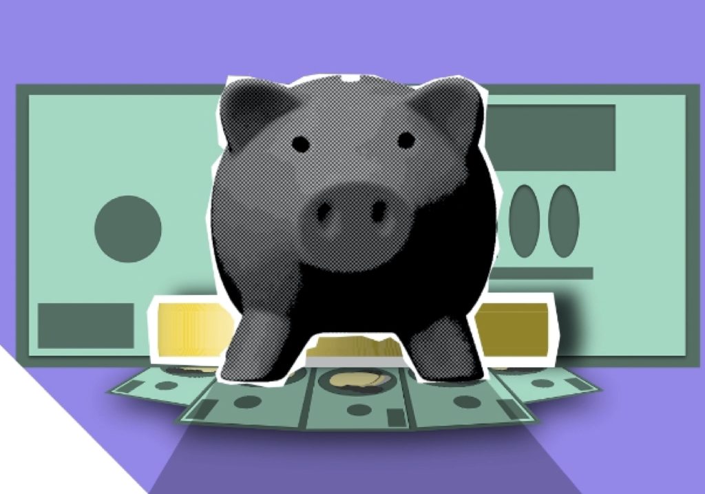 A piggy bank in front of a cartoon image of bank notes.