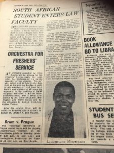 South African student who arrived at UoB in 1967, sponsored by SASF 
