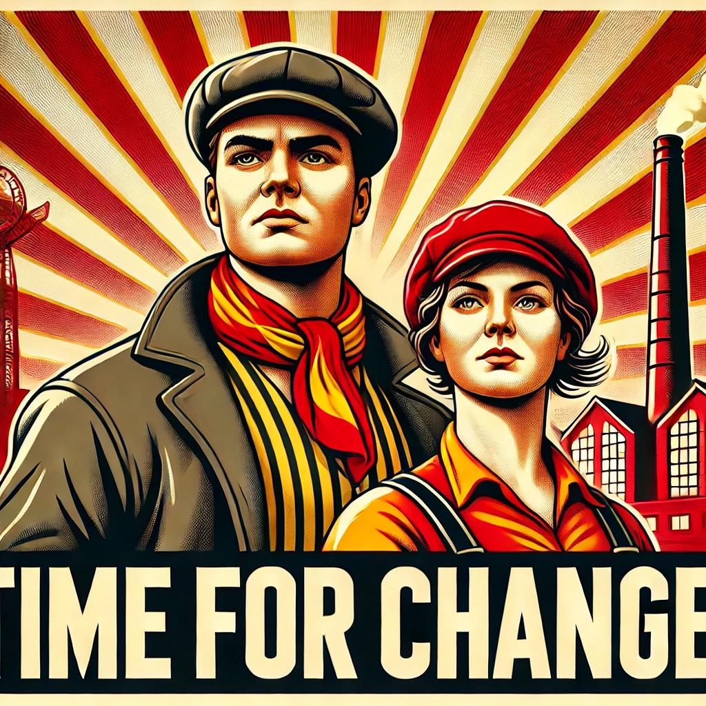 a working man and a woman with industrial buildings and sun rays in the background. Caption reads "Time for Change"