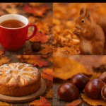 Zu sehen sind eine Tasse Tee, ein Eichhörnchen, Kastanien und ein Apfelkuchen. Die Farben sind warm und es ist sehr herbstlich, gemütlich.
