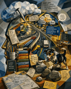 kubistisches Bild in einem Gehirn, das aussieht wie eine Autobahn und eine Wolke als Denkblase hat. Es gibt viele Bücher und "Ich denke" auf vielen Sprachen, "I think", "je pense" "ich denke" ...