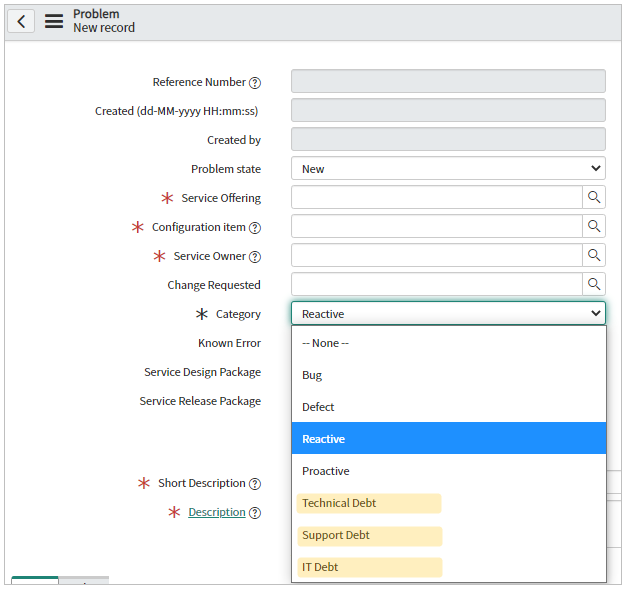 screenshot of the New Problem Record form in ServiceNow where debt is recorded for action