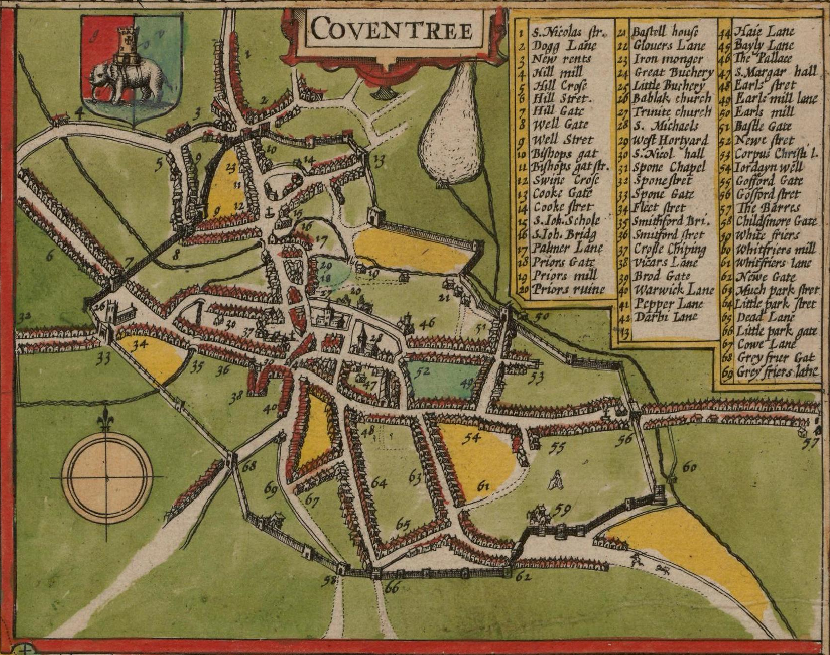 Map of Coventry by John Speed, published around 1610, showing the street layout and the city walls