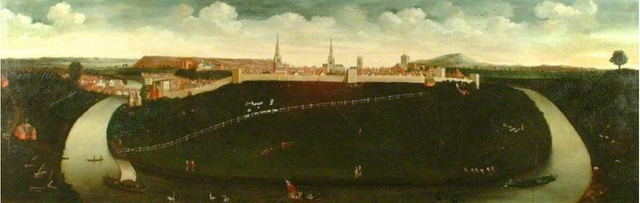 A painting showing the prospect of Shrewsbury in 1720 with the town in the distance, green space and a river.