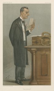 A cartoon of Joseph Chamberlain showing his distinctive monocle and orchid in jacket buttonhole.