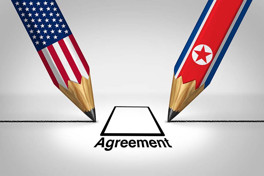 United States North Korea diplomacy agreement and American and North Korean diplomatic meeting with pyongyang and washington connecting together as a 3D illustration.