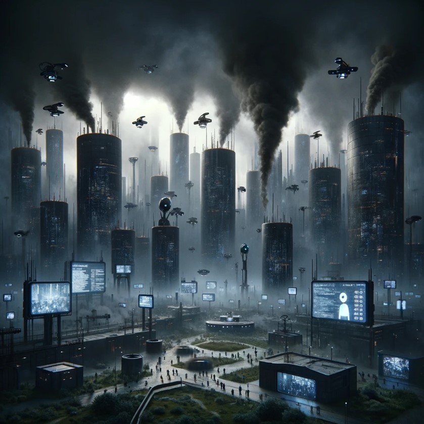 Dark cityscape with smoke rising towards the sky from buildings. People walk around at the bottom lit up by large screens.