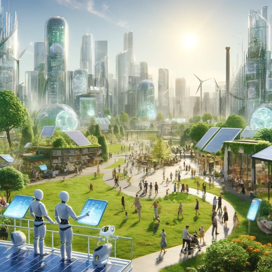 Bright, colourful cityscape lit up by the sun. People and robots can be seen. There are wind turbines and solar panels.