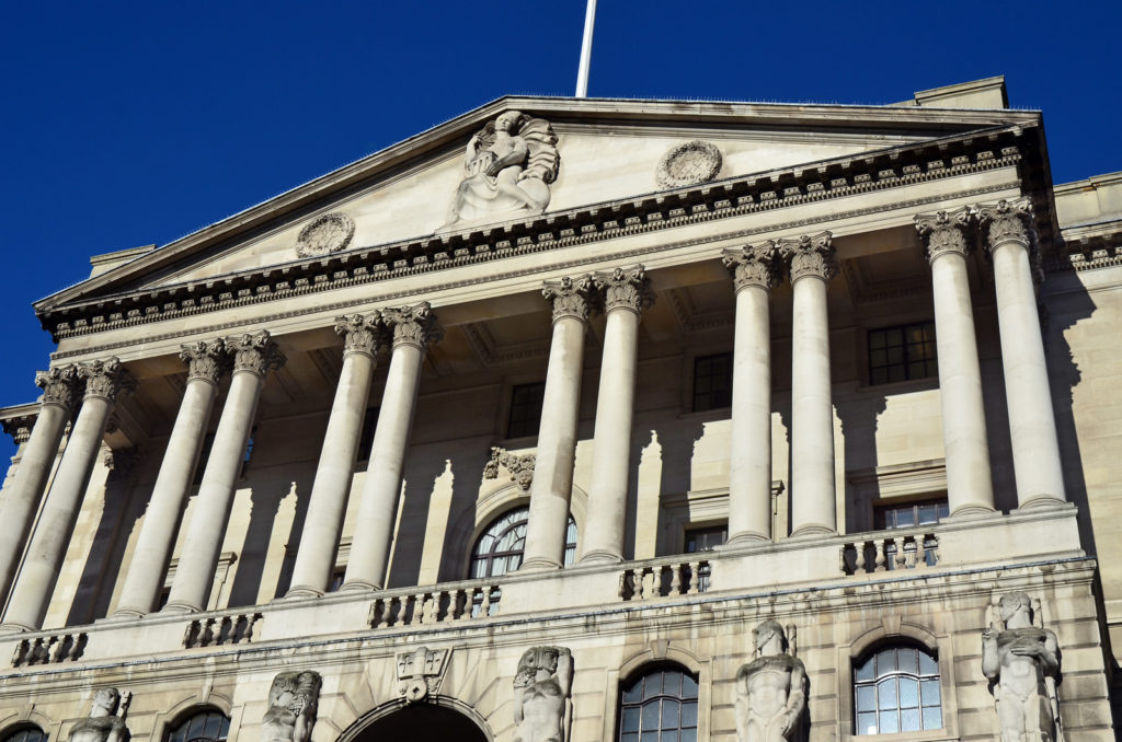 Part of the facade of the Bank of England on Threadneedle Street.