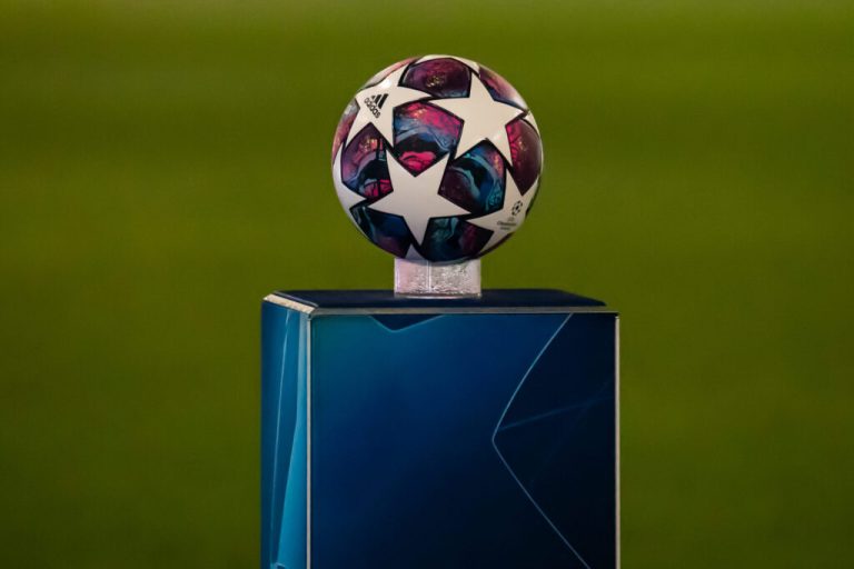 A Champions League football on a podium