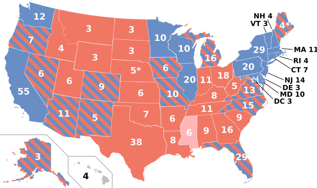 An image of the USA showing the leading presidential candidate by state for the 2016 U.S. presidential election