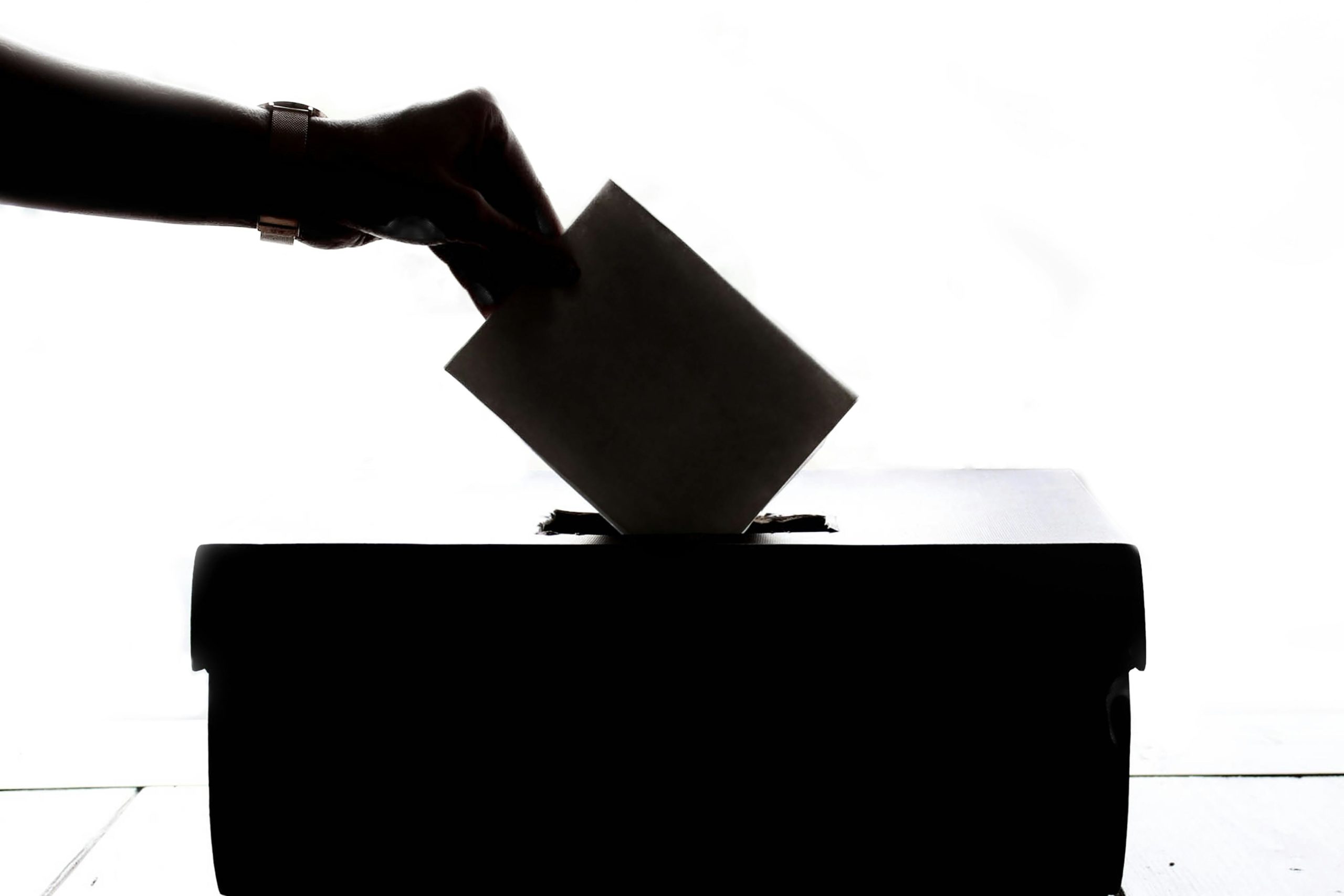 A hand dropping paper into a ballot box