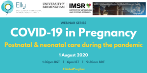 Poster for upcoming webinar event on August 1st focsed on postnatal and neonatal care during the covid-19 pandemic. You can register via Eventbrite.