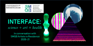 he image includes the title of the event, which is called "Interface: science + art + healthcare in conversation with the SMQB Artists in Residence 2020-21". SMQB stands for the Centre for Systems Modelling & Quantative Biomedicine at University of Birmingham and the logo for this research centre is also picture in the image. The rest of the image shows glimpses of four different artworks created by the four artists involved in event.