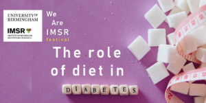 Image shows the logo for the Institute of Metabolism and Systems Research, the IMSR, at University of Birmingham. The image also shows sugar cubes and a meausuring tape, alongside the name of the event which is "The role of diet in diabetes". 