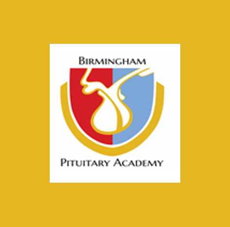 Birmingham Pituitary Academy logo shows a shield with a pituitary gland on it