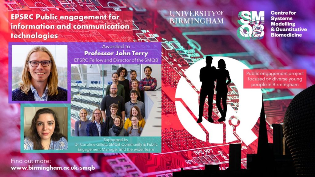 Image shows pictures of Professor John Terry, Dr Caroline Gillett and the wider team from the Centre for Systems Modelling and Quatitative Biomedicine (SMQB). It's purpose is to announce a new public engagement award from the Engineering & Physical Sciences Research Council (EPSRC) that has been awarded to John and which focused on engagement with young people in Birmingham. There is an image of teenagers and the Birmingham skyline, as well as the SMQB logo. To find out more about the group's work, including this project, people are invited to visit www.birmingham.ac.uk/smqb