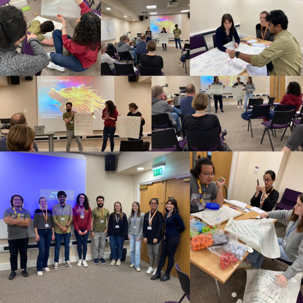 Image shows a collage of photos of three different teams working together around a table with Flipchart paper to collaborate on their ideas. One of the images also depicts all 9 people involved stood together in a photo smiling facing the camera.