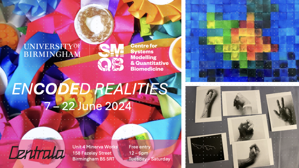 The image is a poster advertising an art exhibition called Encoded Realities which runs between the 7th and 22nd of June 2024. The exhibition is hosted at Centrala gallery located at Unit 4 Minerva Works, 158 Fazeley Street, Birmingham, B5 5RT. Featured on the image are some of the artworks which include colourful tapestry, photographs of hands and a pixelated image made from soap.