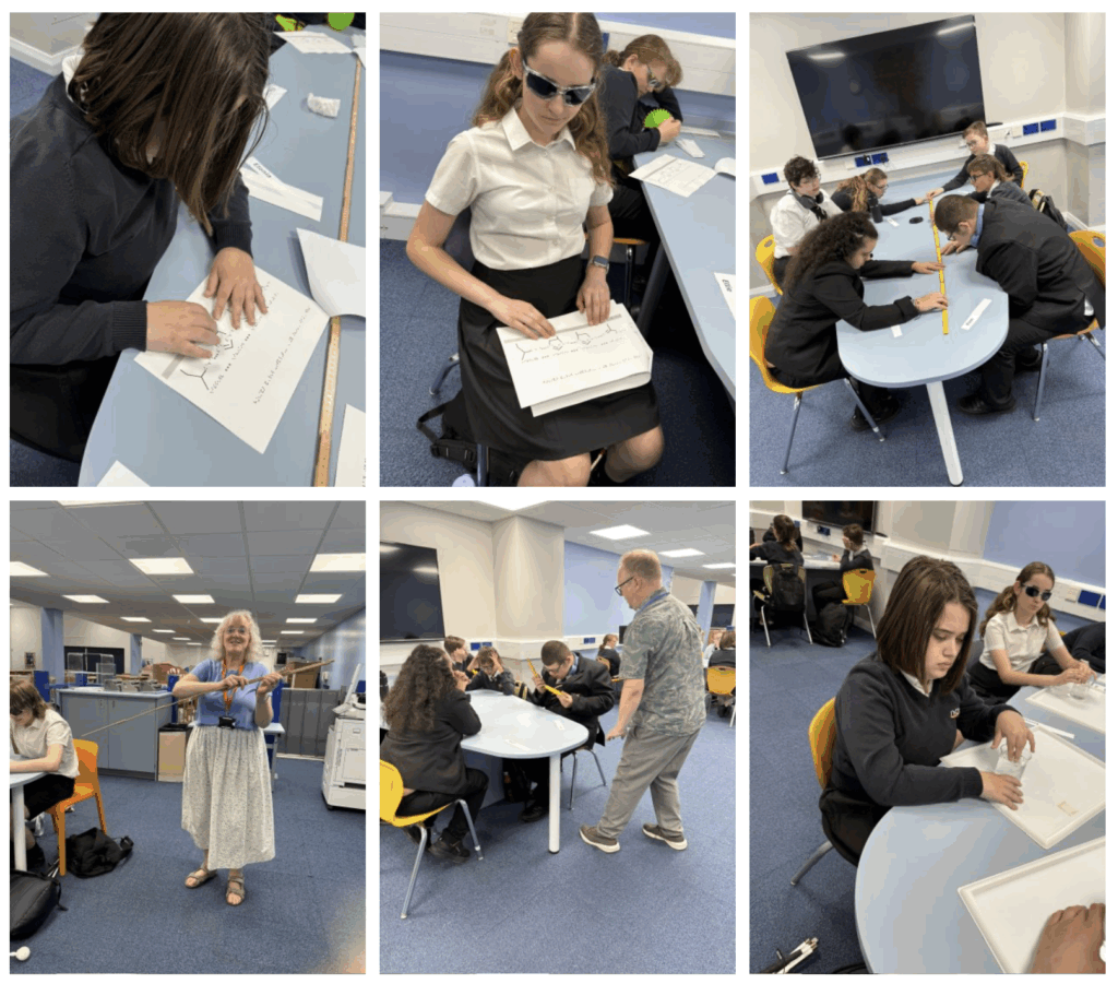 A collage of photos of young male and female school children with visual impairment engaging in a science workshop that uses braille written materials