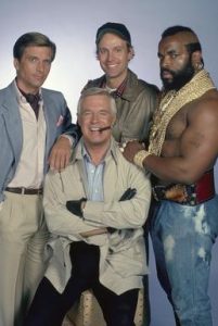 THE A-TEAM -- Pictured: (clockwise from left) Dirk Benedict as Lt. Templeton "Faceman" Peck #2, Dwight Schultz as Capt. H.M. "Howling Mad" Murdock, Mr. T as Sgt. Bosco "B.A." Baracus, George Peppard as Col. John "Hannibal" Smith -- Photo by: Gary Null/NBCU Photo Bank