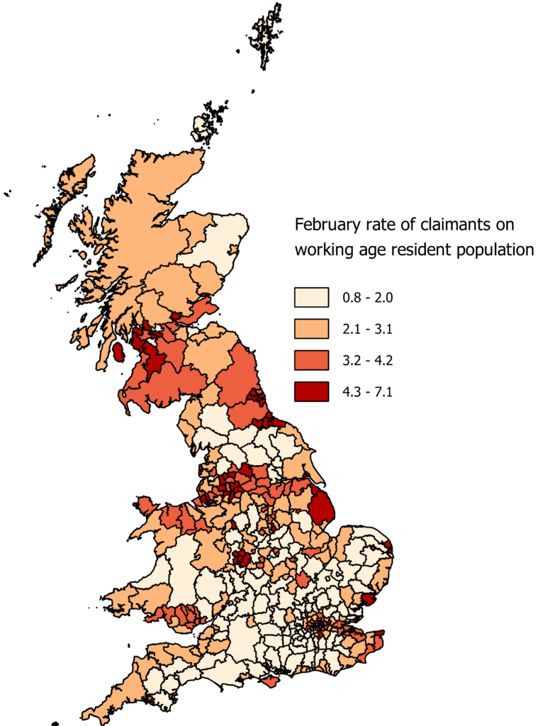 A map illustrating by region the best and worst performers in terms of claimant counts for February 2020. 