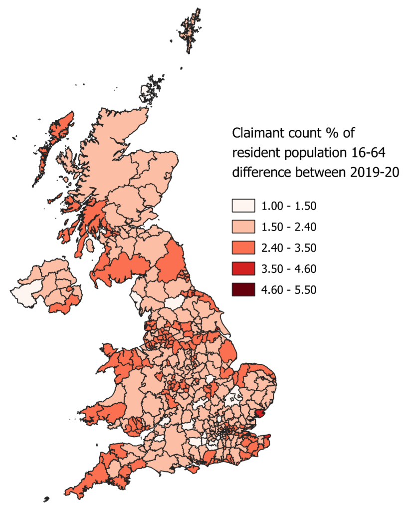 A map showing claimant count rate differences between 2019-20