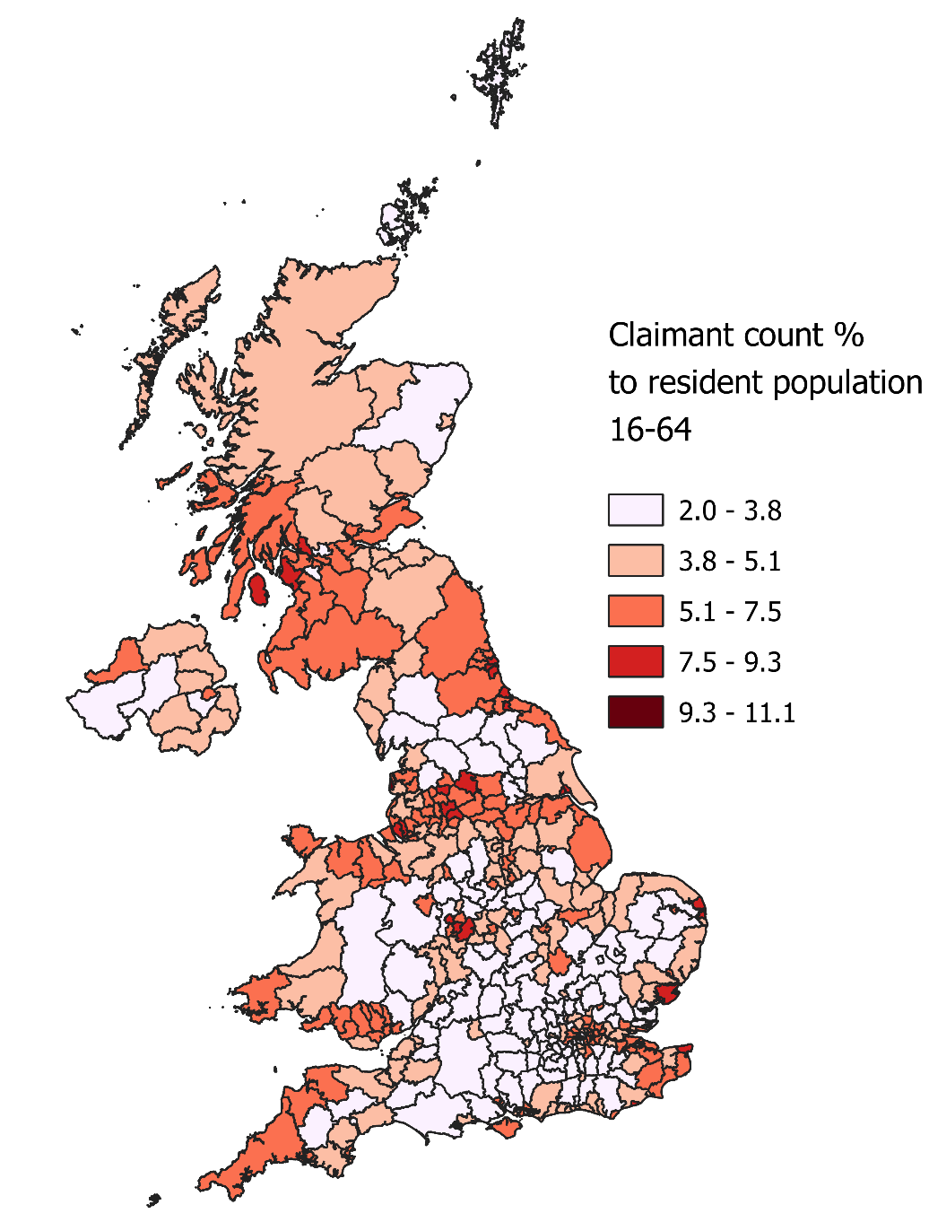 Map showing claimant count rates as a share of resident population 16-64 in UK local authority districts
