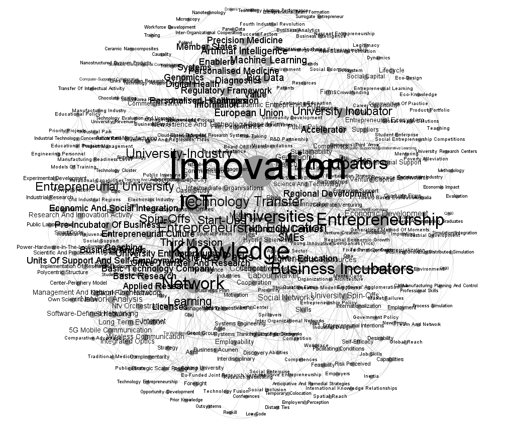 A cloud of 345 keywords. Each keyword is represented by a round marker, and these are connected by lines to form a network. The word "innovation" is at the centre of the network.