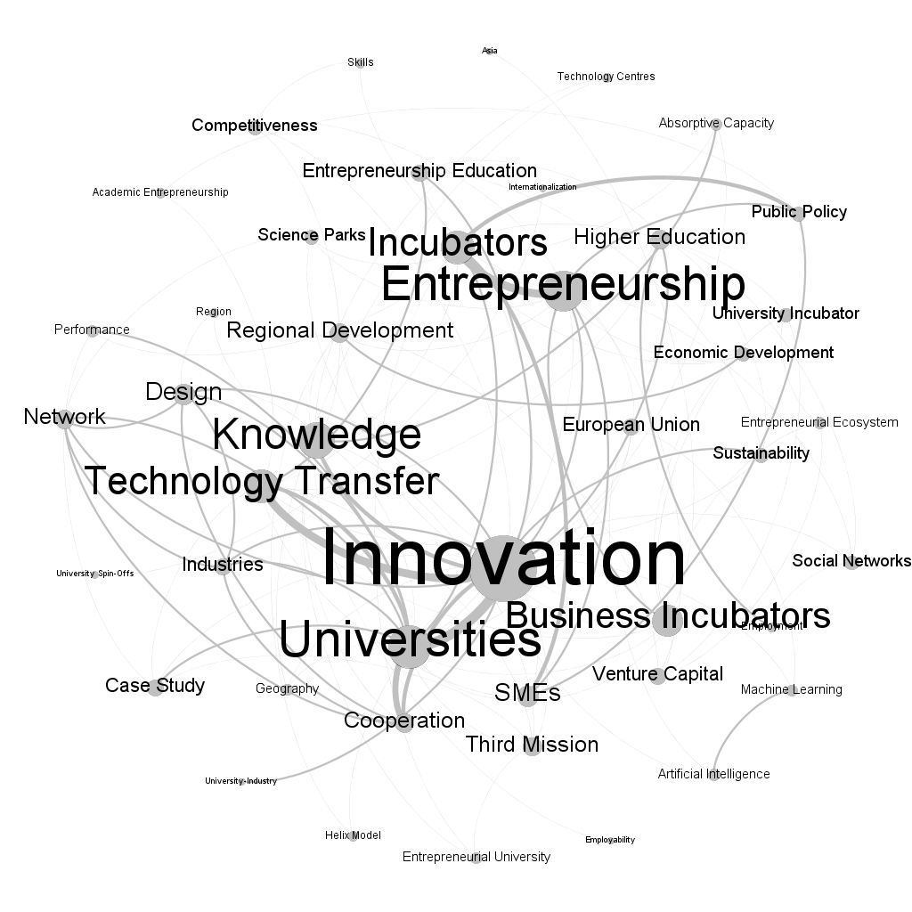 Another network of keywords, but this time much sparser. Words are clearly distinguishable. The word "innovation" is in the middle.