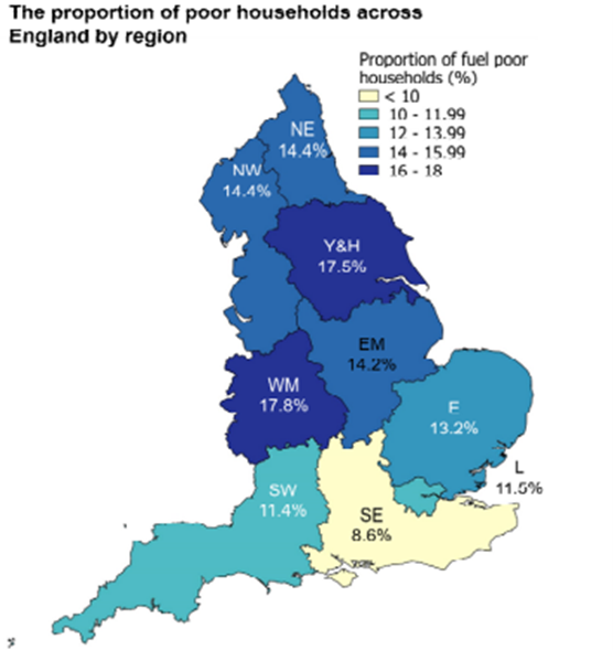 The proportion of poor households across England by region. 