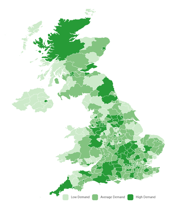 A map of the UK that illustrates that whilst some areas of the UK have a low demand for jobs, other areas still have high demand