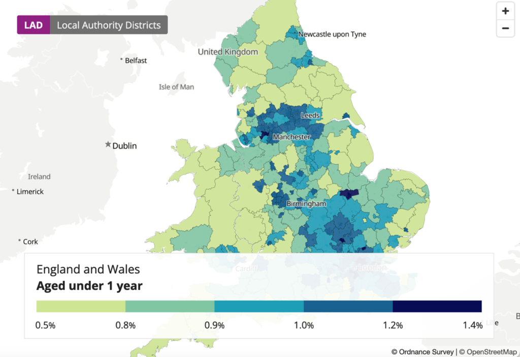 A map of England and Wales showing the amount of children aged under one year old by region. The main concentrations are found in urban areas rather than the countryside. 