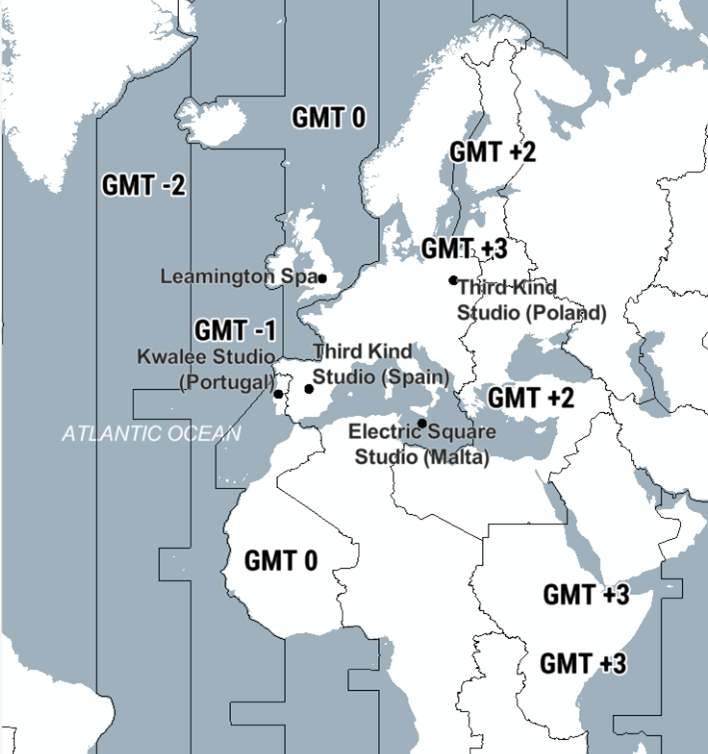 An image demonstrating the potential reach of employment for the Leamington cluster (GMT 0). Kwalee studios is Portugal is GMT -1, Third Kind Studio (Spain and Poland) and Electric Square Studio (Malta) is GMT +1.