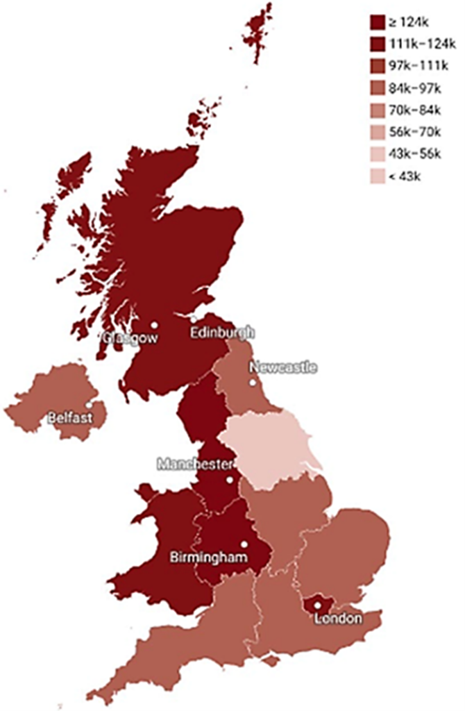 Heat map by region of UK regions showing households with no savings as a result of high mortgage payments. Scotland, the North West of England, Wales, the West Midlands and London all have high levels of households with no savings as a result of mortgage increases. 