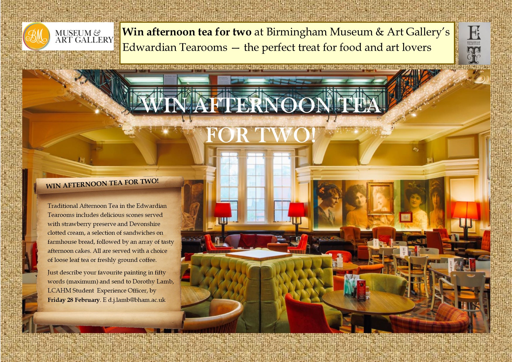 LCAHM students competition: Win Afternoon Tea for Two at Birmingham