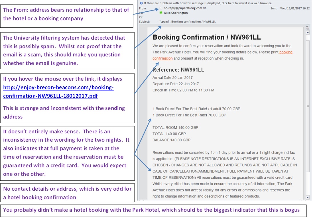 Annotated example of a fake hotel booking which includes a link to malware