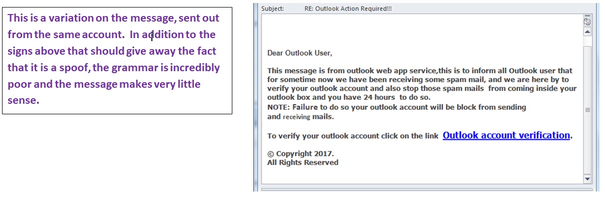 The image shows an example phishing or other form of malicious email and illustrates aspects of the email that make it look suspicious.