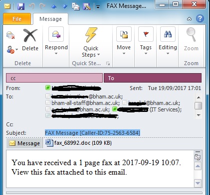 Example of fake fax message email