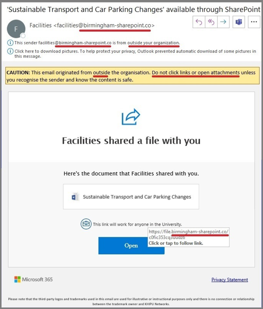 Image of underlined red text. Sender: facilities@birmingham-sharepoint.co is an outside organization. Beware of clicking outside links and attachments.