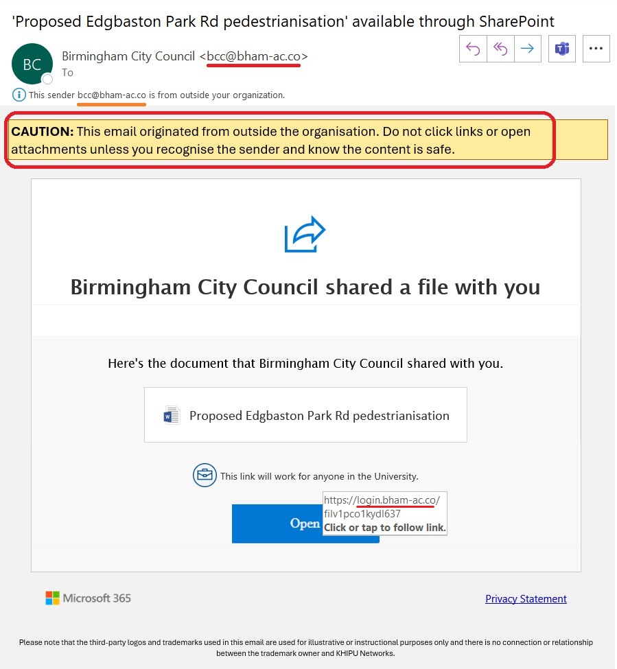 Screenshot of benign phishing email with three red underlines.  1 below the Sender's fake name bcc@bham-ac.co 2 circling yellow caution this email originated from outside the organisation. 3 hovering over the Open button shows it links to fake address of login.bham-ac.co