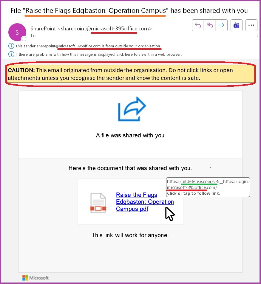 Screenshot of benign phishing email with red highlights showing it claims to be from Microsoft Office, but the Sender email address and sign-in link is from m I c r A s o f t hyphen 3 9 5 office