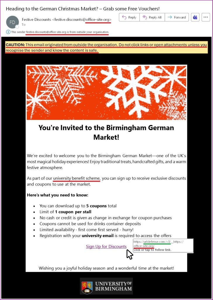 Screenshot of the benign phishing email with red highlights, showing it claims to be from the University, but it is an external email linking to a sign-in page of office-site.org - which is nothing to do with the University