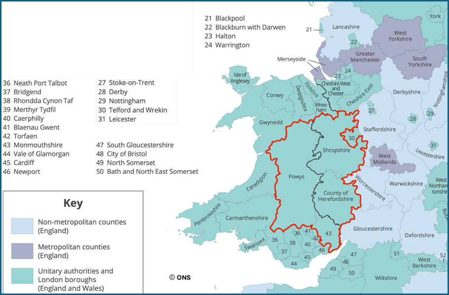 The Marches (often referred to as the Welsh Marches) is the historical border region between England and Wales. While not a strict modern administrative boundary, it generally spans the English counties of Shropshire and Herefordshire, extending into adjoining parts of mid and south Wales like Powys and Monmouthshire