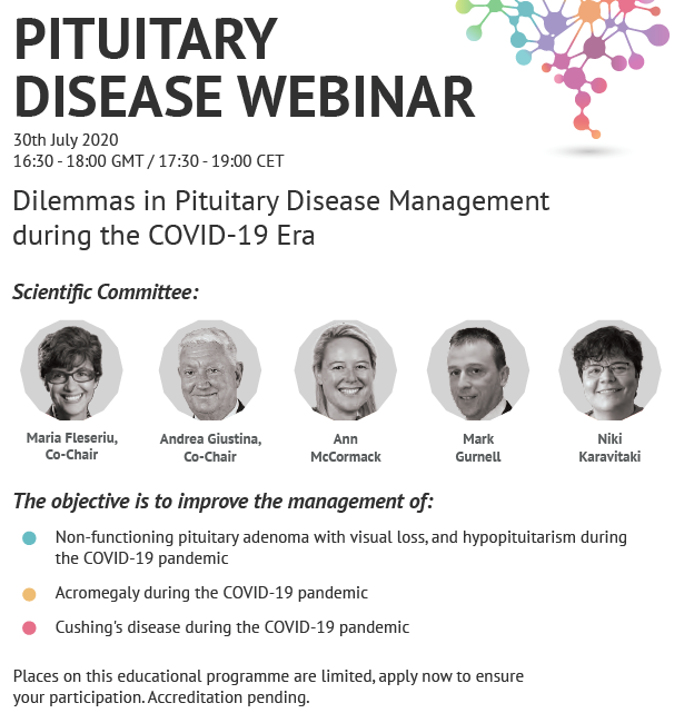 Poster for Pituitary Disease Webinar, showing images of the five panellists who will be involved in the event on July 30th 2020