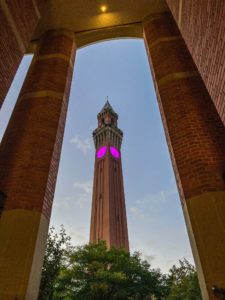 Picture of old joe clocktower at university lit up purple in support of epilepsy awareness