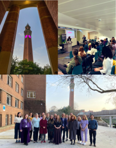 Image shows pictures of attendees at a talk for purple day and a potrait photo of the team involved in the events in front of the clocktower old joe which was lit up purple for the event
